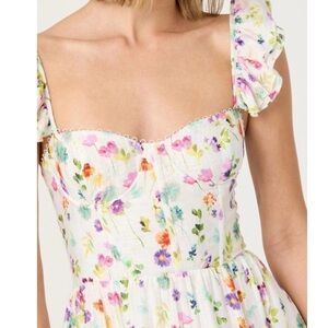 Astr the Label Floral Bustier Midi Dress with Ruffled Sleeves